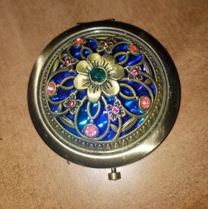 Brass Tone and Rhinestone Pocket Mirror Regular and Magnified Sides